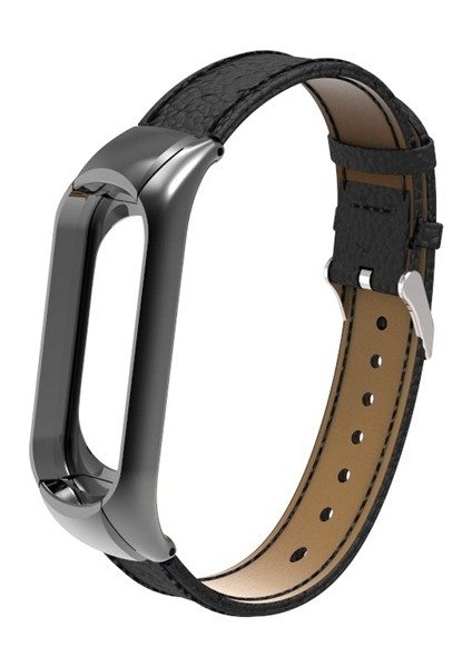 Xiaomi Mi Band 3 - 4 Akıllı Bileklik Metal Gümüş Çerçeveli Kordon Dikiş Desenli Deri Siyah