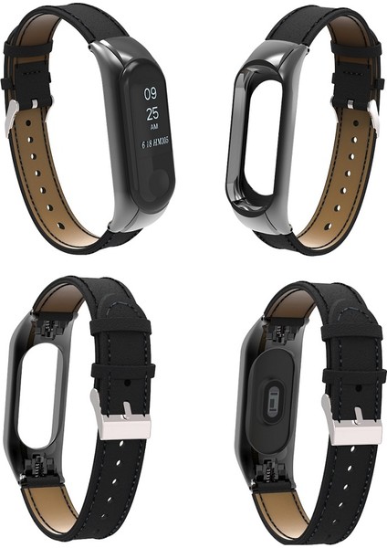 Xiaomi Mi Band 3 - 4 Akıllı Bileklik Metal Gümüş Çerçeveli Kordon Dikiş Desenli Deri Siyah