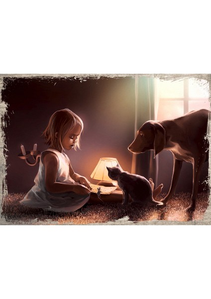 Ahşap Tablo Sanat Kedi Kopek Çocuk Fare