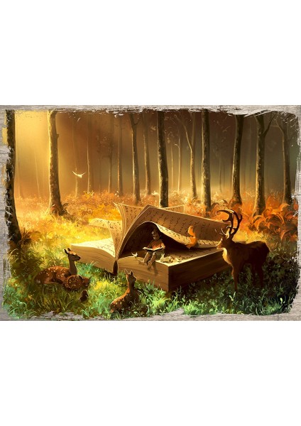 Ahşap Tablo Fantastik Çoçuk Geyik Orman Kitap