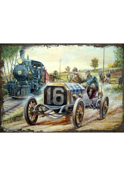 Ahşap Tablo Vintage Racing Arabaları