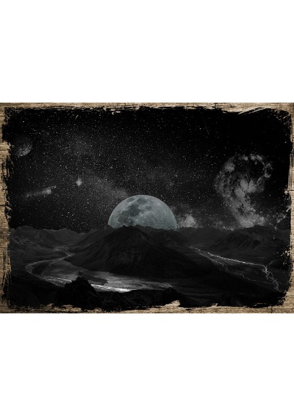 Ahşap Tablo Gece Evren Dağ Nehir