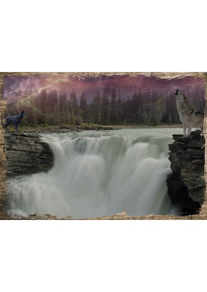 Ahşap Tablo Şelale Beyaz Siyah Kurtlar