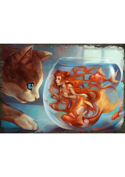 Ahşap Tablo Fantastik Kedi Kavanoz Balık Kız