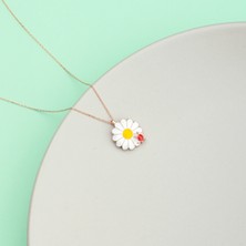 925 Ayar Gümüş Kırmızı Kaplumbağa Figürlü Mineli Papatya Kolye