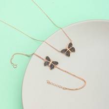 Ravza Gümüş 925 Ayar Gümüş Siyah Taşlı Kelebek Kolye Bileklik Takı Seti