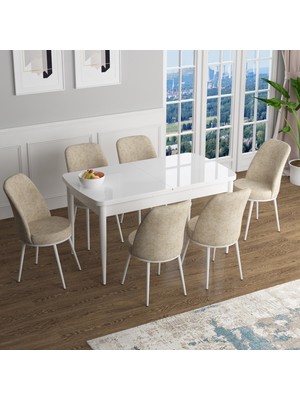 Canisa Concept Han Serisi 70X114, Açılabilir Mdf Mutfak Masa Takımı, Beyaz Masa ve 6 Sandalye