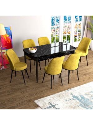 Canisa Concept Han Serisi 70X114, Açılabilir Mdf Mutfak Masa Takımı, Siyah Mermer Desen Masa ve 6 Sandalye
