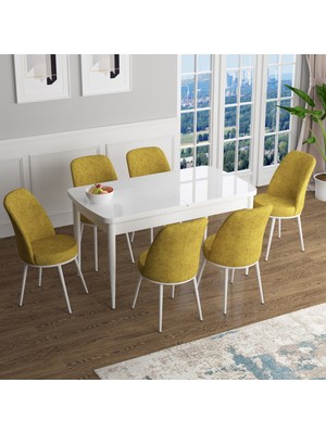Canisa Concept Han Serisi 70X114, Açılabilir Mdf Mutfak Masa Takımı, Beyaz Masa ve 6 Sandalye