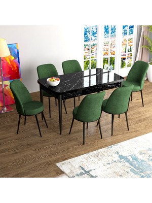 Canisa Concept Han Serisi 70X114, Açılabilir Mdf Mutfak Masa Takımı, Siyah Mermer Desen Masa ve 6 Sandalye