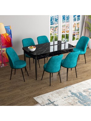 Canisa Concept Han Serisi 70X114, Açılabilir Mdf Mutfak Masa Takımı, Siyah Mermer Desen Masa ve 6 Sandalye