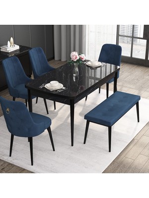 Canisa Concept Noa Serisi, 80X132 Benchli Açılabilir Mdf Siyah Mermer Desen Mutfak Masası Takımı 4 Sandalye 1 Bench
