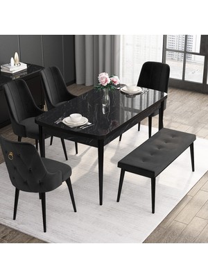 Canisa Concept Noa Serisi, 80X132 Benchli Açılabilir Mdf Siyah Mermer Desen Mutfak Masası Takımı 4 Sandalye 1 Bench