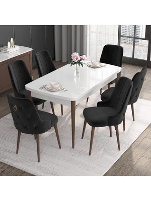 Canisa Concept Noa Serisi, 80X132 Açılabilir Mdf Masa, Beyaz Masa Ceviz Ayak Masa Takımı, 6 Sandalye