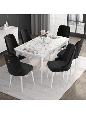 Canisa Concept Noa Serisi, 80X132 Açılabilir Mdf Masa, Beyaz Mermer Desen Mutfak Masa Takımı, 6 Sandalye