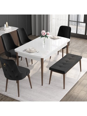 Canisa Concept Noa Serisi, 80X132 Açılabilir Mdf Masa, Beyaz Masa Ceviz Ayak Masa Takımı, 4 Sandalye 1 Bench