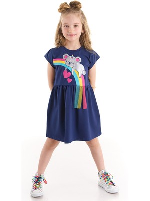 Denokids Kız Çocuk Koala Baskılı Günlük T-Shirt Elbise Lacivert Rahat Silüet