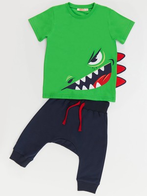 Denokids Haylaz Erkek Çocuk Yeşil T-shirt Kapri Şort Takım