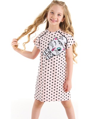 Denokids Beyaz Kedi Kız Çocuk Puantiye Pembe Elbise