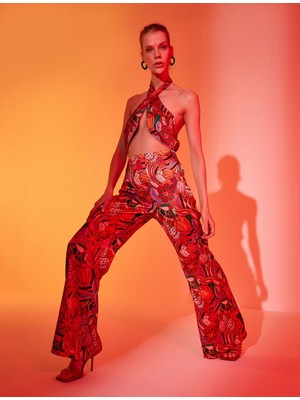 Koton Kadın Ispanyol Paça Yüksek Bel Çiçek Desenli Pantolon