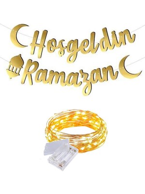 Masho Trend Gold Hoş Geldin Ramazan Banner + Peri LED - Kaligrafi Banner - Bayram Banner - Kaligrafi Ramazan