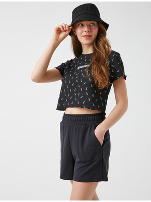 Koton Baskılı Crop Tişört Fırfır Detaylı Pamuklu