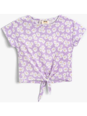 Koton Kız Çocuk Çiçekli Bağlama Detaylı Kısa Kollu Tişört
