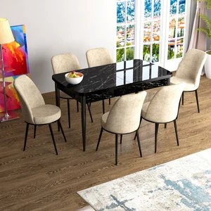 Concept Han Serisi 70X114, Açılabilir Mdf Mutfak Masa Takımı, Siyah Mermer Desen Masa ve 6 Sandalye