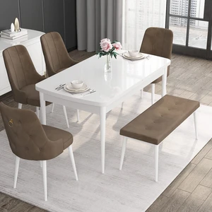 Concept Noa Serisi, 80X132 Açılabilir Benchli Mdf Beyaz Mutfak Masa Takımı, 4 Sandalye 1 Bench