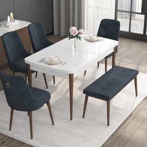 Concept Noa Serisi, 80X132 Açılabilir Mdf Masa, Beyaz Masa Ceviz Ayak Masa Takımı, 4 Sandalye 1 Bench