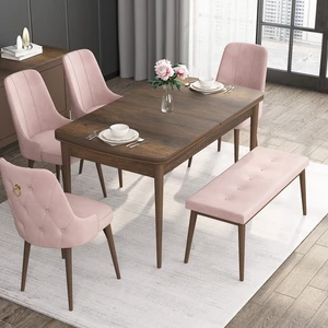 Concept Noa Serisi, 80X132 Açılabilir Benchli Barok Ahşap Desen Mutfak Masa Takımı, 4 Sandalye 1 Bench