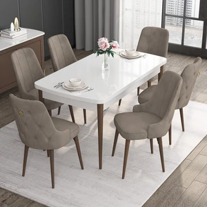 Concept Noa Serisi, 80X132 Açılabilir Mdf Masa, Beyaz Masa Ceviz Ayak Masa Takımı, 6 Sandalye
