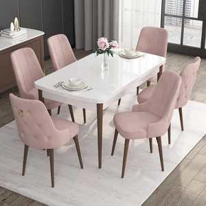 Concept Noa Serisi, 80X132 Açılabilir Mdf Masa, Beyaz Masa Ceviz Ayak Masa Takımı, 6 Sandalye
