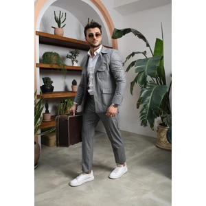 El Suit Beyaz Çizgili Gri Spor Takım Elbise