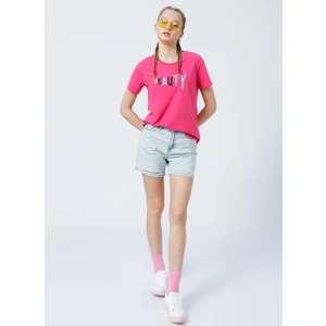 Suns V Yaka Regular Fit Baskılı Pembe Kadın T-Shirt