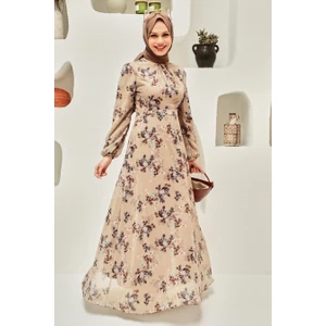 Neva Style - Çiçek Desenli Bej Tesettür Elbise 279061BEJ