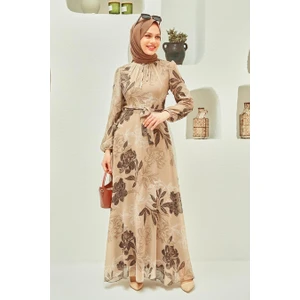 Neva Style - Çiçek Desenli Vizon Tesettür Elbise 279062V