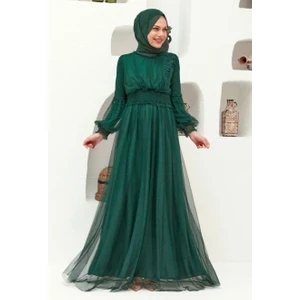 Neva Style Tesettürlü Abiye Elbise - Dantel Detaylı Yeşil  Tesettür Abiye Elbise 56520Y