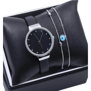 Vega Gift Shop Kemer Kordon Gümüş Renk Kadın Kol Saati & Gümüş Renk Nazar Boncuğu Bileklik Hediye Seti