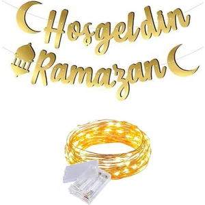 Masho Trend Gold Hoş Geldin Ramazan Banner + Peri LED - Kaligrafi Banner - Bayram Banner - Kaligrafi Ramazan
