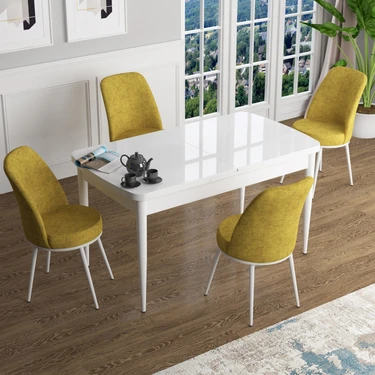Canisa Concept Han Serisi 70X114, Açılabilir Mdf Mutfak Masa Takımı, Beyaz Masa ve 4