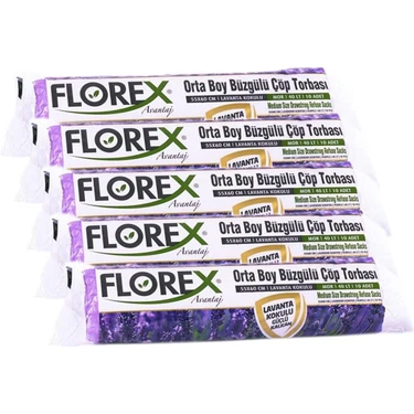 Florex Büzgülü Lavanta Kokulu Orta Boy Çöp Torbası 5 Adet Mor 55 x 60