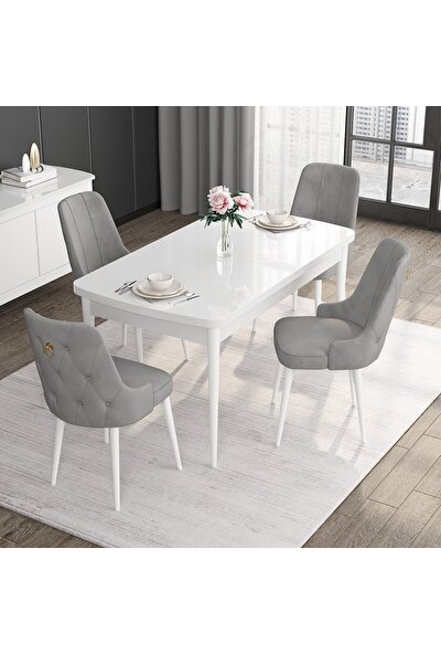 Canisa Concept Noa Serisi, 80X132 Açılabilir Mdf Masa, Beyaz Mutfak Masa Takımı, 4 Sandalye