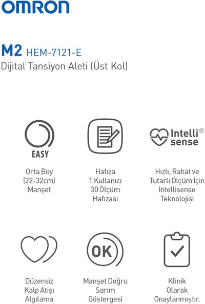 Omron M2 Hem-7121-E (7143-E) Hafızalı Üst Koldan Ölçer Dijital Tansiyon Aleti