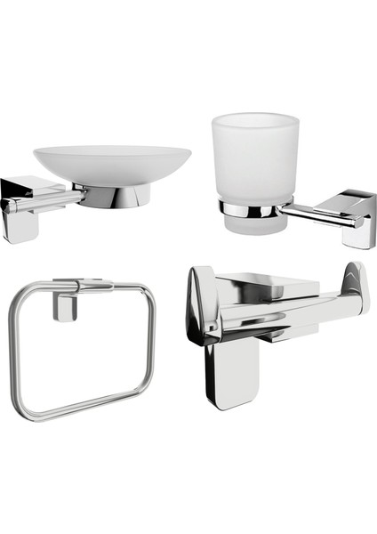 Krom Lux 4 Lü Banyo Set Açık Tuvalet Kağıtlık, Askılık, Havluluk, Diş Fırçalık,sabunluk