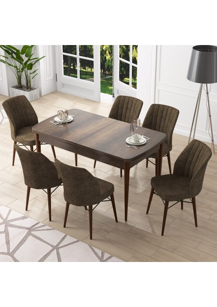 Concept Nef Serisi 70X114, Açılabilir Mdf Mutfak Masa Takımı, Barok Ahşap Desen Masa ve 6 Sandalye
