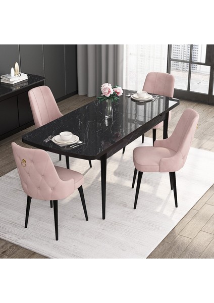 Concept Noa Serisi, 80X132 Açılabilir Mdf Siyah Mermer Desen Mutfak Masası Takımı, 4 Sandalye
