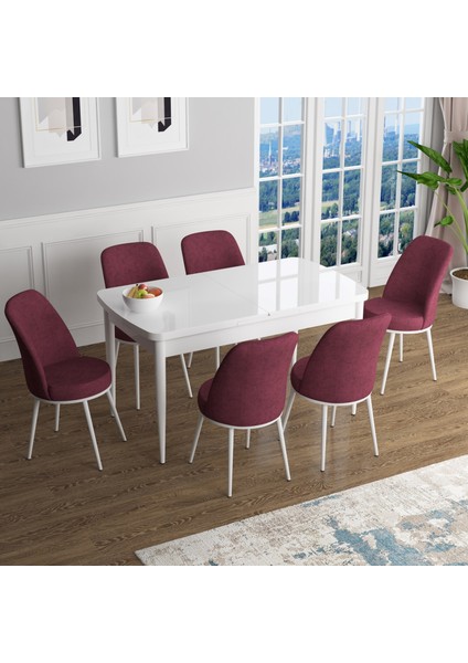 Concept Han Serisi 70X114, Açılabilir Mdf Mutfak Masa Takımı, Beyaz Masa ve 6 Sandalye