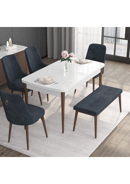 Concept Noa Serisi, 80X132 Açılabilir Mdf Masa, Beyaz Masa Ceviz Ayak Masa Takımı, 4 Sandalye 1 Bench