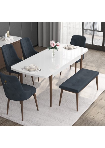 Concept Noa Serisi, 80X132 Açılabilir Mdf Masa, Beyaz Masa Ceviz Ayak Masa Takımı, 4 Sandalye 1 Bench